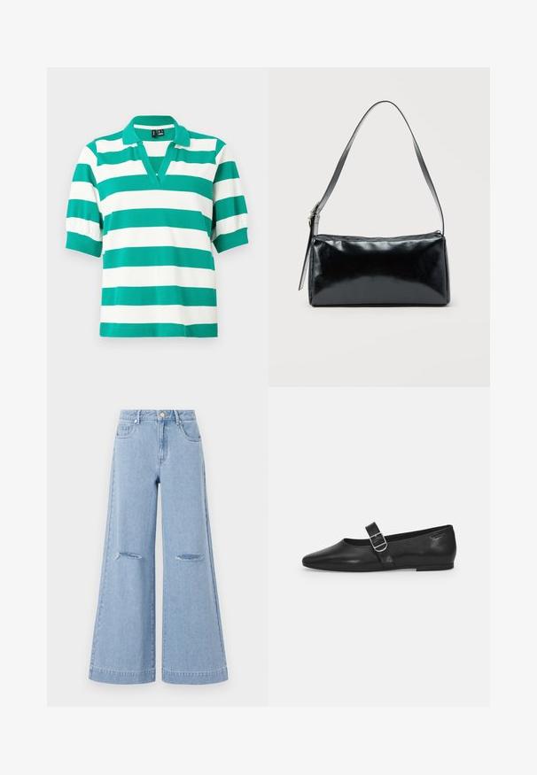 Polo verde y blanco a rayas con mangas cortas abullonadas, cuello en V y puños acanalados. Hecho de una tela suave.; Jeans de pernera ancha de color azul claro con una cintura alta, que cuentan con dos bolsillos frontales y dos detalles de rodillas rasgadas, elaborados en material de denim.; Zapato plano de cuero negro con punta redondeada, una sola correa ajustable con hebilla y una textura suave y brillante. Diseño minimalista con un tacón bajo.; Bolso de hombro rectangular negro con una correa ajustable y un cierre de cremallera superior sobre un fondo liso.