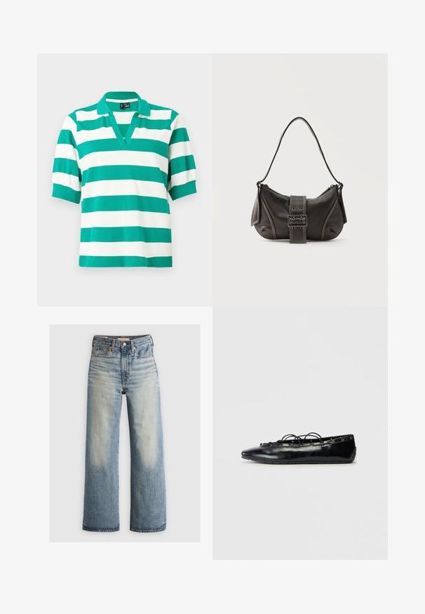 Grün-weißer Poloshirt mit kurzen Puffärmeln, einem V-Ausschnitt und gerippten Bündchen. Aus weichem Stoff gefertigt.; Blaue Denim-Jeans mit weitem Bein, leichter Waschung, hoher Taille, fünf Taschen-Design und Messingbeschlägen. Ausgewaschene Akzente an der Vorder- und Rückseite.; Schwarze spitz zulaufende flache Schuhe mit Schnürung und Ösen entlang der Kanten, vor einem weißen Hintergrund präsentiert.; Schwarze Leder-Schultertasche mit Schnallengurt-Detail, abgerundeten Kanten und kontrastierenden weißen Nähten auf schlichtem Hintergrund.