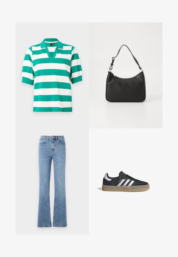 Polo verde y blanco a rayas con mangas cortas abullonadas, cuello en V y puños acanalados. Hecho de una tela suave.; Jeans de denim azul claro con un diseño de pierna acampanada, cintura alta y hardware mínimo. Presenta un estilo clásico de cinco bolsillos y costuras sutiles.; Zapatilla deportiva de cuero negro con tres rayas plateadas, punta texturizada y suela de goma. Cuenta con un collar acolchado y un diseño con cordones.; Bolso de mano de cuero negro con forma curvada, una sola correa, cierre de cremallera y marcas sutiles en la parte frontal. Textura suave, diseño minimalista.