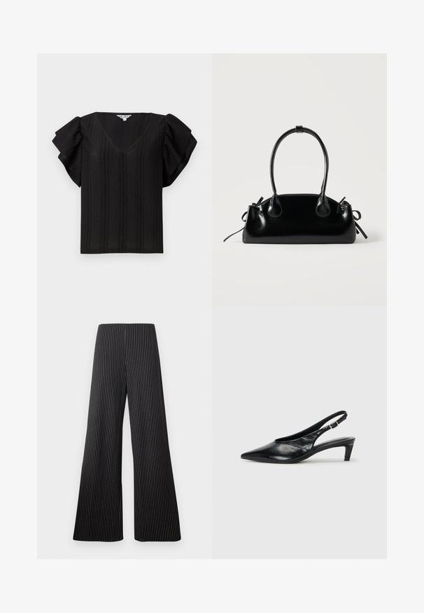Haut noir avec un décolleté en V, des manches courtes à volants et des rayures verticales texturées. Fabriqué en tissu léger. Design simple et coupe ample.; Pantalons à jambes larges en tissu noir avec des rayures blanches. Présentent une taille haute et une texture lisse. Aucune embellissement visible.; Escarpin à bride arrière en cuir noir avec un bout pointu, un petit talon et une sangle à boucle réglable. Texture lisse avec un minimalisme dans les détails.; Petit sac à main noir brillant avec deux longues anses et des détails à cordon sur les côtés sur un fond clair uni.