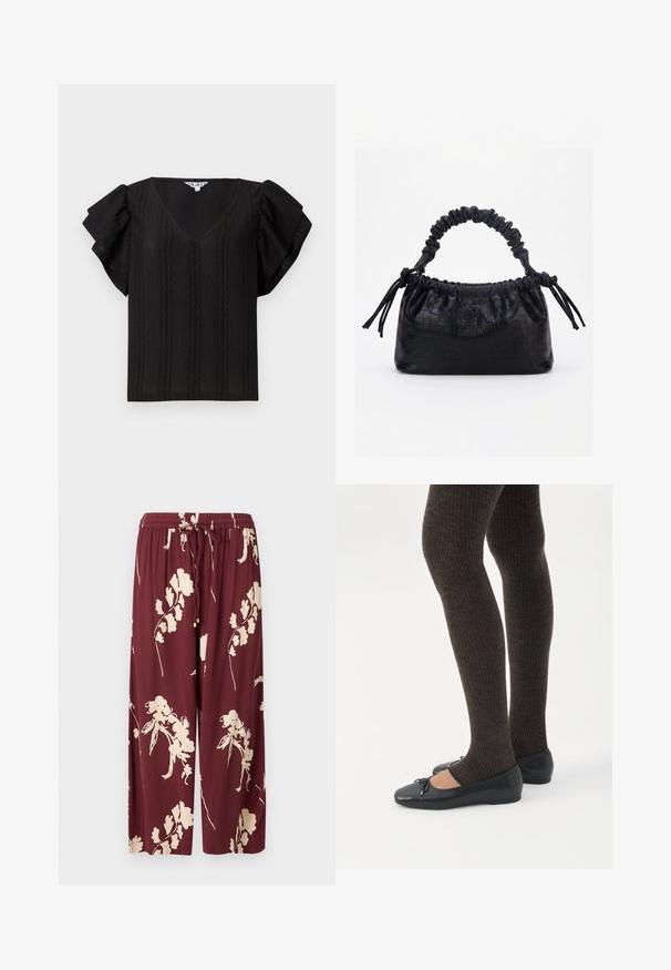 Haut noir avec un décolleté en V, des manches courtes à volants et des rayures verticales texturées. Fabriqué en tissu léger. Design simple et coupe ample.; Pantalons larges bordeaux en tissu léger ornés d'un motif floral crème, avec une taille élastique à cordon de serrage et deux poches latérales.; Jambes portant des leggings côtelés foncés associés à des ballerines noires avec de petits détails en nœud sur fond blanc.; Sac à main noir avec texture crocodile, bord supérieur froncé, poignée plissée et pompons à cordon de chaque côté sur fond blanc.