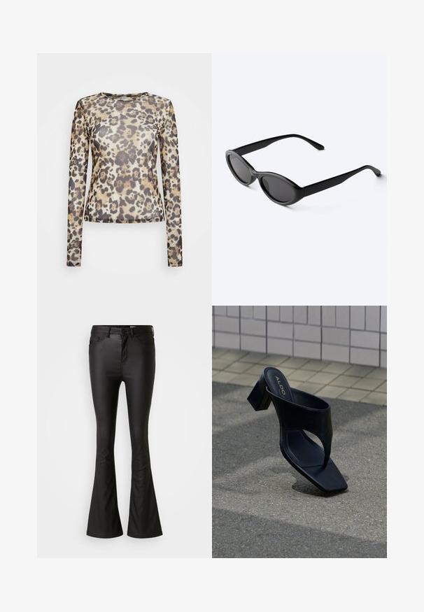 Top de manga larga en una tela transparente con un estampado de leopardo en tonos de beige, marrón y negro. Cuello redondo, diseño ajustado.; Jeans acampanados negros hechos de una tela brillante y suave. Presentan una cintura alta, bolsillos frontales y un cierre de cremallera con botón.; Sandalia negra de tacón con puntera cuadrada y tiras anchas, colocada sobre asfalto gris cerca de una pared con azulejos.; Gafas de sol ovaladas negras y elegantes con lentes oscuras y patillas rectas, reposando sobre una superficie blanca.
