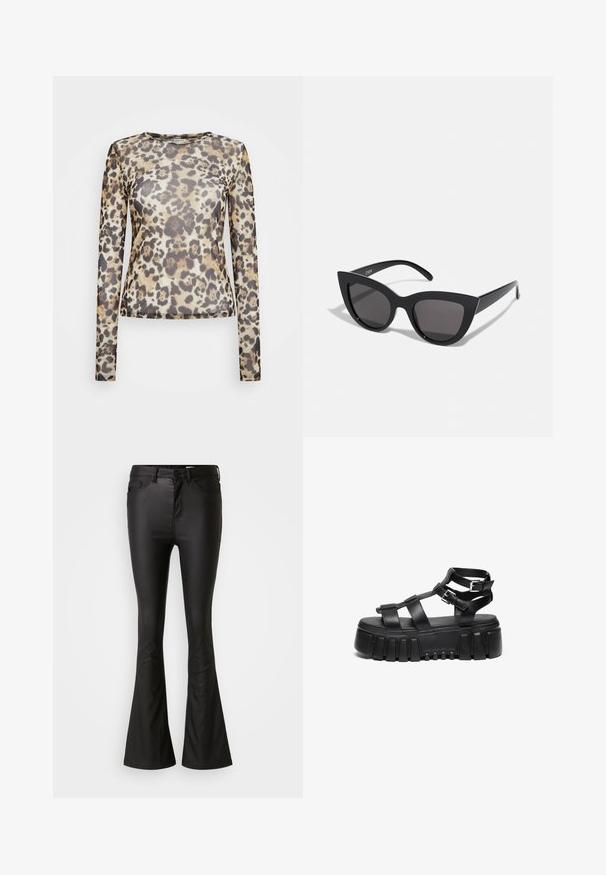 Langærmet top i et gennemsigtigt stof med leopardmønster i nuancer af beige, brun og sort. Rund halsudskæring, tætsiddende design.; Sorte flared jeans lavet af et blankt, glat materiale. Har høj talje, forlommer og en lynlås med knaplukning.; Sorte platform sandaler har lagdelte stropper og spænde detaljer, med en chunky, struktureret sål og et glat fodsengdesign.; Sorte cat-eye solbriller med mat finish, der har grå tonede linser, skarpe vinkler og slanke sidearme. Mærkenavnet er synligt på den indre arm.