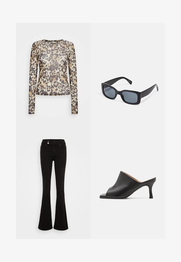 Langærmet top i et gennemsigtigt stof med leopardmønster i nuancer af beige, brun og sort. Rund halsudskæring, tætsiddende design.; Sorte flared jeans lavet af denim, med høj talje og dobbelt knaplukning, to forlommer og en glat tekstur.; Selected ASHLEY - Mules med hæl - black; Sorte rektangulære solbriller med mørkt tonede linser, tyk plastramme og brede stænger. Glat overflade og kantet design.