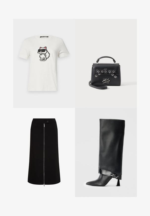Weißes Baumwoll-T-Shirt mit einer Cartoon-Katze, die rote Akzente und eine dunkle Sonnenbrille trägt. Rundhalsausschnitt und kurze Ärmel.; Schwarzer Midirock mit silbernem Reißverschluss vorne, der von der Taille bis zum Saum verläuft, und einem Knopfverschluss an der Taillenlasche.; Schwarze Lederstiefelette bis zur Mitte der Wade mit spitzer Zehe, geometrischem Blockabsatz und glänzenden Verzierungen, die ein silbernes "Karl"-Logodetail aufweisen.; Schwarze Lederhandtasche mit Griff oben, Metallösen-Detail am Riemen, silbernem metallischem Logo-Emblem und abnehmbarem Schulterriemen auf weißem Hintergrund.