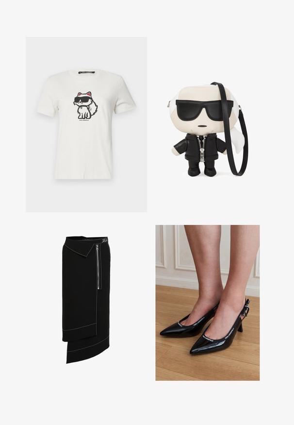 Hvid bomulds t-shirt med en tegneseriekat med røde accenter og mørke solbriller. Rund halsudskæring og korte ærmer.; Sort midi-nederdel med bred krave, der har en sidelukning med lynlås, hvide sy-accenter og et asymmetrisk kantdesign. Glat tekstur.; Sorte laklæder stiletter med spids tå og KARL LAGERFELD mærket rem, båret på fødder, der står på trægulv.; Plysj håndtaske designet som en karakter med et sort-hvidt farveskema, der har en læderjakke, solbriller og en aftagelig rem.