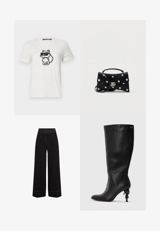 Weißes Baumwoll-T-Shirt mit einer Cartoon-Katze, die rote Akzente und eine dunkle Sonnenbrille trägt. Rundhalsausschnitt und kurze Ärmel.; Schwarze, weit geschnittene Hosen mit einem strukturierten, elastischen Bund. Verfügt über weiße Nähte entlang der Taschen und Säume. Glatte Stoffoberfläche.; Schwarze knöchelhohe Stiefel aus glattem Leder. Mit einer spitzen Zehe und einem markanten skulpturalen Absatz mit einem dekorativen Akzent.; Schwarze Lederhandtasche mit silbernen Nieten, einem oberen Griff, abnehmbarem Schulterriemen und einem silbernen dekorativen Verschluss auf einfarbigem Hintergrund.