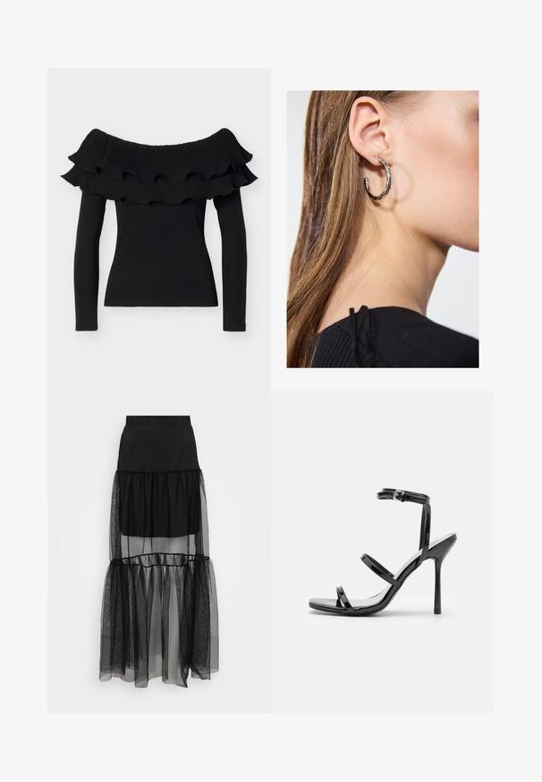 Top noir à manches longues, épaules dénudées, avec un col à volants double couche, silhouette ajustée et texture côtelée sur les volants.; Jupe noire à plusieurs couches avec une section inférieure transparente et texturée, une taille élastique et un design fluide. Composée de matériaux légers.; Sandales à talons hauts en cuir verni noir avec trois sangles horizontales et une sangle de cheville ajustable. Silhouette élégante et finition brillante.; Boucle d'oreille en argent avec une finition polie, présentant de petits détails en or et de forme ronde, portée sur le lobe.