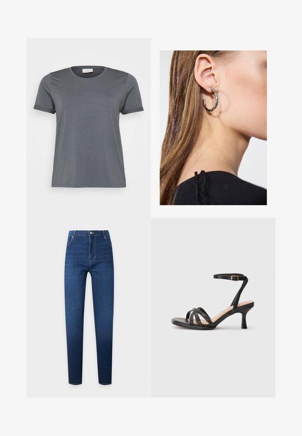 Camiseta gris de manga corta hecha de una tela suave, con un clásico escote redondo y mangas enrolladas. Textura lisa sin patrones visibles.; Vaqueros pitillo azul oscuro de talle alto con botón en el delantero, cremallera y diseño clásico de cinco bolsillos.; Sandalias negras de tacón alto con múltiples tiras finas en la parte delantera, una sola tira en el tobillo con un hebilla dorada y punta cuadrada.; Pendiente de aro de plata con un acabado pulido, que presenta pequeños detalles en dorado y una forma redonda, llevado en el lóbulo.