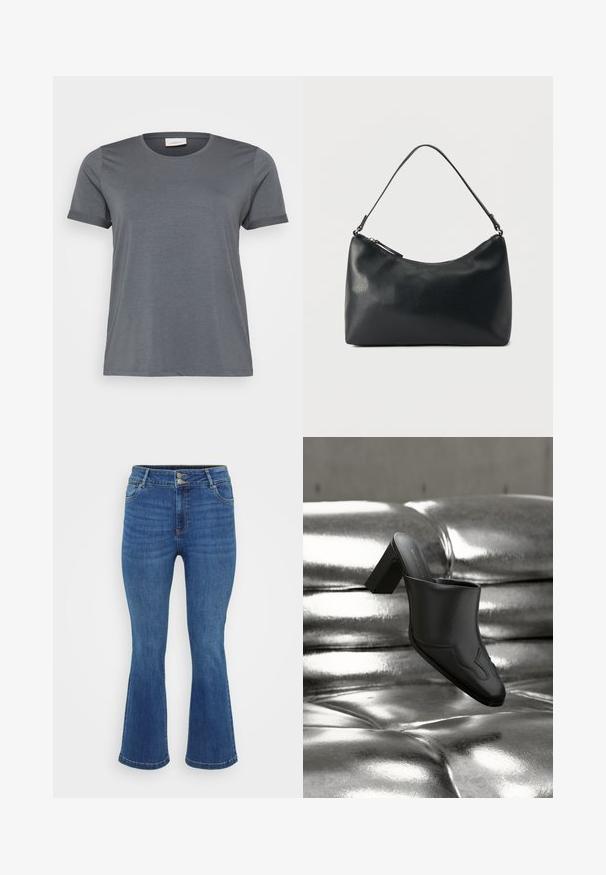 Grå kortærmet T-shirt lavet af blødt stof, med en klassisk rund halsudskæring og oprullede ærmer. Glat tekstur uden synlige mønstre.; Blå denim flared jeans med høj talje, der har to forlommer, en knaplukning og et tekstureret stof med subtile falmede områder.; Sort lædermule med blokhæl hvilende på en skinnende sølvpolstret overflade, der fremhæver dens elegante design og buede detaljer.; Sort skuldertaske i struktureret læder med buet toplynlås og enkelt justerbar rem mod ensfarvet baggrund.
