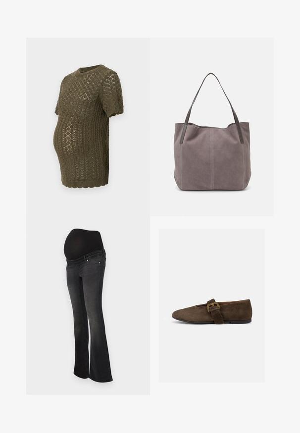 Olive roheline kudum maternity top, millel on tekstureeritud diamantmustrit, lühikesed varrukad ja laineline äär, loodud kasvavale kõhule.; Tumedus jeans tumesast hallist denimist, veniva musta paneeliga kõhu toetamiseks, flared sääre kujundusega ja klassikalise viie tasku stiiliga.; Pruun seemismadal kinga lai rihma ja kuldse pandlaga, ümar varvas ja madal must tald, kujutatud külgvaates valgel taustal.; Hall tänavakott hallist suede'ist, millel on kaks tumedast nahast käepidet. Omab külgedel õmblusdetailingut, pehmet tekstuuri ja avarat sissepääsu.