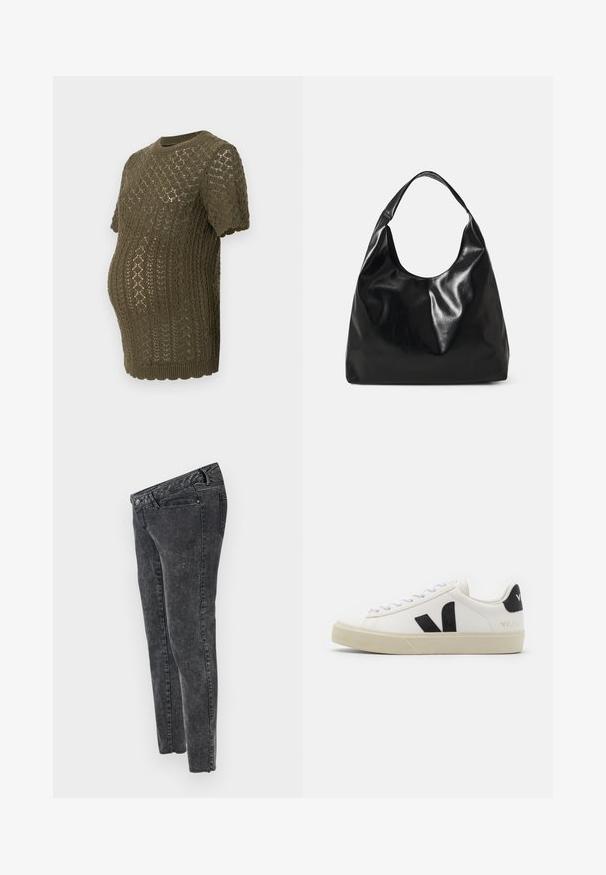Olivovo zelený pletený tehotenský top s textúrovaným diamantovým vzorom, krátkymi rukávmi a zubatým lemom, navrhnutý pre rastúce bruško.; MAMALICIOUS Slim fit Mid waist Raw hems - Slimfit džínsy - grey denim; Biele kožené tenisky s čiernym gumovým logom V. Textúrovaná svetlo krémová podrážka, biele šnúrky a detail na zadnej päte s názvom značky v čiernej farbe.; Čierna kožená hobo taška s jemnou, lesklou textúrou a zaobleným, otvoreným vrchom. Obsahuje široký, zakrivený popruh na nosenie. Žiadne viditeľné kovanie.