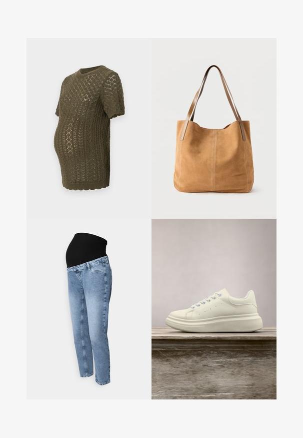 Olive roheline kudum maternity top, millel on tekstureeritud diamantmustrit, lühikesed varrukad ja laineline äär, loodud kasvavale kõhule.; Rasedused emaduseks mõeldud teksad musta elastse vöökohaga ja helesinise denimi värviga. Sirge jala disain klassikalise viie-taskuga ja pleekinud viimistlusega.; Valge nahast vabaajajalats ümmarguse näpunihkega, sileda tekstuuriga ja kontrastsete paeltega. Omab ventilatsiooniauke ja paksu kummist tallaga mugavuse tagamiseks.; Tan-nahast pehme sametkott pikkade heledate pruuni nahast rihmadega, pehme tekstuur ja lihtne õmblus, valgel taustal.