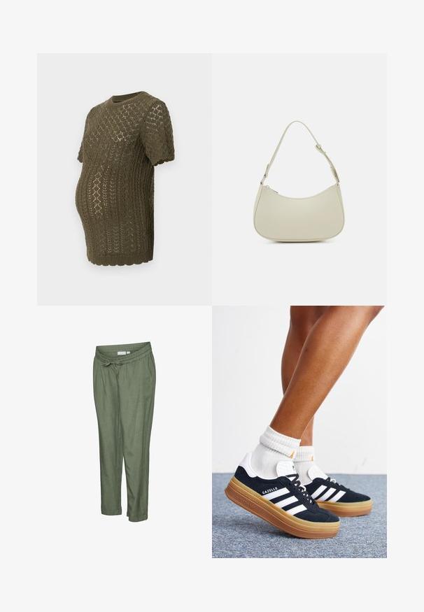 Olive roheline kudum maternity top, millel on tekstureeritud diamantmustrit, lühikesed varrukad ja laineline äär, loodud kasvavale kõhule.; Kerged oliivrohelised püksid, millel on lõdvalt istuv lõige. Omavad elastset vöökohale ja kinnitusnööriga vöökohta, soonikkoes palistusega säärteotste ning küljetaskud.; Jalad valgete sokkide ja mustade Adidas Gazelle tossudega, millel on valged triibud ja paksud pruunid tallad, halli vaibaga põrandal.; Pieces PCALUANA SHOULDER BAG - Käekott - birch