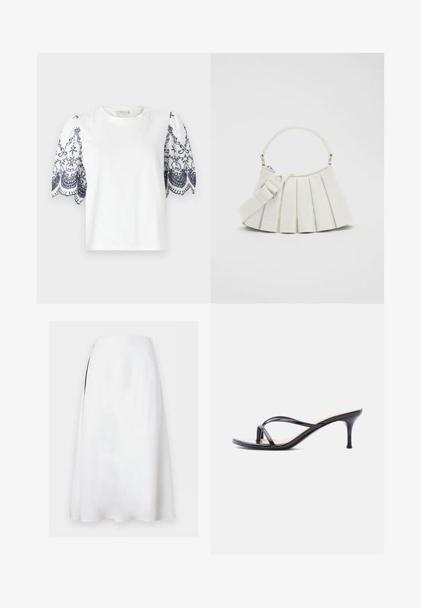 Witte t-shirt met pofmouwen, voorzien van ingewikkelde marineblauwe bloemenborduursels langs de zoom. Van zacht katoen, met een ronde halslijn en een casual pasvorm.; Witte A-lijn midi-rok met een hoge taille en subtiele zijsplit op een effen achtergrond.; Zwarte laklederen sandaal met hakken, dunne gekruiste bandjes en een slanke, middelhoog stilettohak op een witte achtergrond.; Lacoste LENGLEN BAG - Handtas - cristalline
