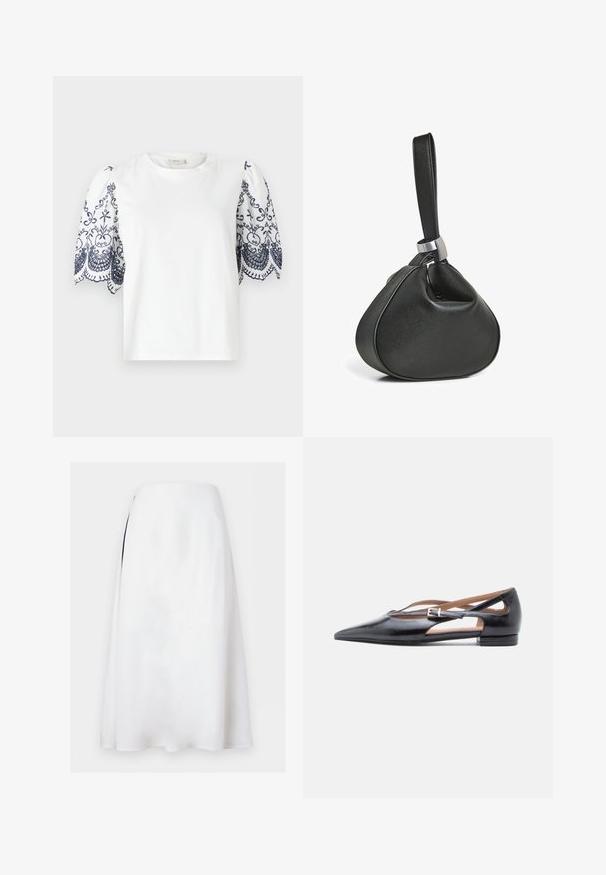 T-shirt blanc avec manches bouffantes présentant une broderie florale bleu marine délicate le long de l'ourlet. Matière en coton doux, col rond, coupe décontractée.; Jupe midi blanche en forme trapèze avec une taille haute et une discrète fente latérale sur fond uni.; Chaussures plates en cuir noir avec un bout pointu, des côtés ouverts et une petite bride de cheville ornée d'une boucle argentée.; Sac bracelet en cuir noir avec une forme triangulaire douce et une large sangle attachée par une boucle en métal argenté.