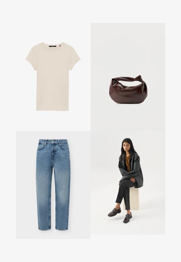 Kurzärmliges, elfenbeinfarbenes, geripptes T-Shirt. Runder Ausschnitt, weiche Textur, taillierte Passform und ein dezentes Markenlabel am Ausschnitt.; Blaue Jeans mit geradem Bein, Gürtelschlaufen, Frontknopf, Reißverschluss und Fronttaschen, auf weißem Hintergrund dargestellt.; Frau mit langen schwarzen Haaren, die auf einem hellen Block sitzt, trägt eine schwarze Lederjacke, ein braunes Top, schwarze Hose und dunkelbraune Schnallenschuhe.; Dunkelbraune Lederschultertasche mit weicher, lockerer Form und einem gedrehten Knotengriff vor schlichtem weißem Hintergrund.
