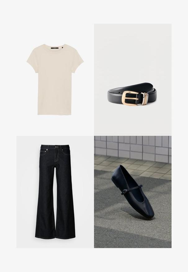 Kurzärmliges, elfenbeinfarbenes, geripptes T-Shirt. Runder Ausschnitt, weiche Textur, taillierte Passform und ein dezentes Markenlabel am Ausschnitt.; Dunkelblaue Jeans mit weitem Bein, hoher Taille, fünf Taschen und kontrastierenden gelben Nähten entlang der Nähte.; Schwarzer Leder-Mary-Jane-Ballerina mit kleinem Schnallenriemen, auf grauem Asphaltboden nahe einer gefliesten Wand platziert.; Schwarzer Ledergürtel, aufgerollt, mit polierter goldener rechteckiger Schnalle und zwei Metallschlaufen vor einfarbigem Hintergrund.