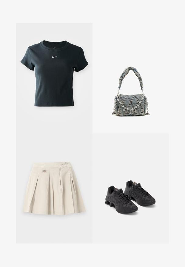 Kortærmet, cropped sort ribbet t-shirt lavet af blødt stof, med et lille hvidt Nike-logo på brystet.; Beige plisseret mininederdel med taljebånd, sidelukning med lynlås, knaplukning og en lille logopatch foran.; Sorte atletiske sko med en glat syntetisk overdel, teksturerede detaljer, snørebåndsdesign og synlig fjederaffjedring ved hælen.; Denim håndtaske med quiltet mønster, blå farve, kort flettet håndtag og sølv kædestrop med metallisk brandbogstav detalje.