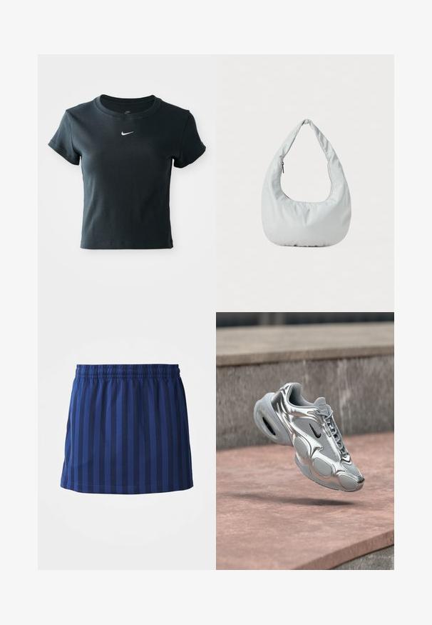 Schwarzes kurzärmliges, cropped T-Shirt aus weichem ribbeligem Stoff, mit einem kleinen weißen Nike-Logo auf der Brust.; Marineblauer Rock mit vertikalen Streifen, elastischer Taille, mittellange Länge, aus leichtem Stoff, glatte Textur.; Silberner und grauer Nike Air Sneaker mit schwarzem Swoosh, der über einer rosafarbenen Betonfläche und einem steinernen Absatz im Hintergrund schwebt.; Weiche, hellgraue Hobo-Tasche aus synthetischem Material. Verfügt über einen gepolsterten Tragegriff und ein seitliches Reißverschlussfach.