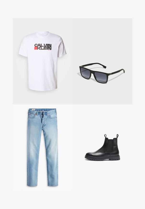 Calvin Klein Jeans REDBOX GRAPHIC TEE - T-shirt print - brilliant white; Lichtblauwe denim jeans met een rechte pijp, voorzien van vijf zakken, riemlussen en een knoopsluiting.; Zwarte leren Chelsea boots met een gestructureerde afwerking, elastische zijkanten en trekkers. Voorzien van een chunky rubberen zool met profiel.; Zwarte rechthoekige zonnebril met een gradient donkere lenzen. Matte afwerking, metalen accenten op de scharnieren en een slank ontwerp. Geen zichtbare logo's.