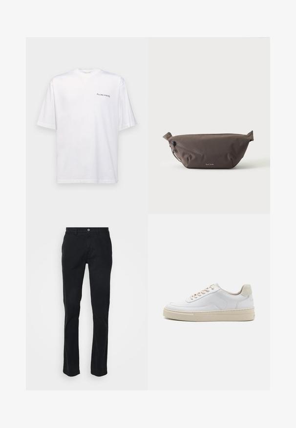 Weißes kurzärmliges T-Shirt aus Baumwolle mit V-Ausschnitt, mit einem schwarzen "FILLING PIECES" Logo, das auf der linken Seite gedruckt ist.; Schwarze Baumwollhosen mit geradem Bein, ausgestattet mit einem Frontknopfverschluss und Gürtelschlaufen. Glatte Textur, minimale Nähdetails.; Weiße Sneaker mit einem glatten Lederobermaterial, beigen Schnürsenkeln und einer strukturierten, beigen Wildleder-Fersenschlaufe. Erhöhte Sohle für zusätzlichen Komfort.; Dunkelbraune Stoff-Gürteltasche mit diagonalem Reißverschlussfach und kleinem weißen Logo vorne, vor einem einfarbigen hellen Hintergrund.