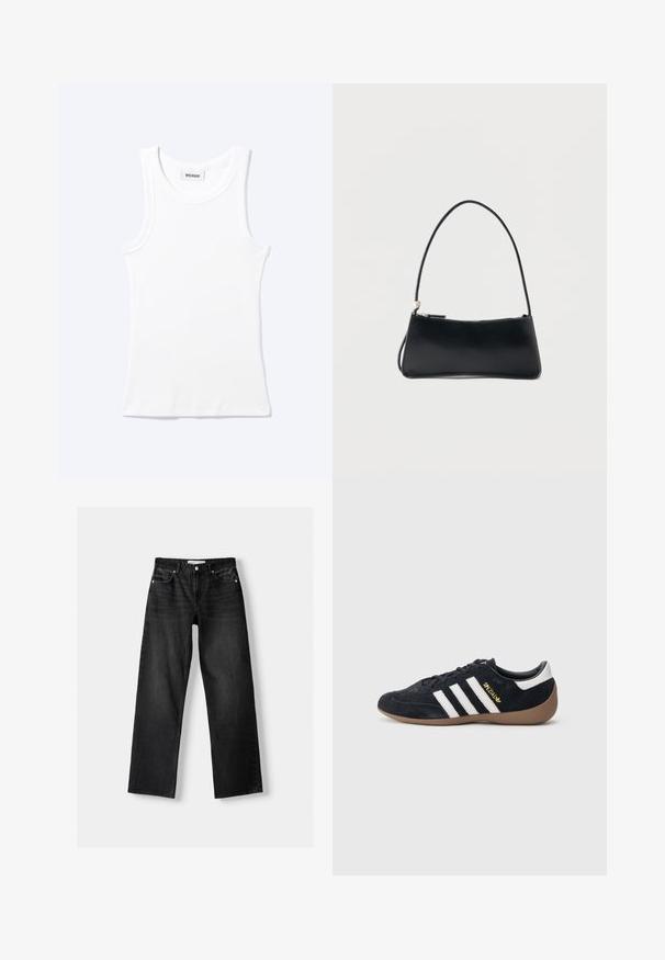 Débardeur blanc côtelé sans manches avec encolure ronde et une petite étiquette indiquant "WEEKDAY" à l'intérieur du col.; Bershka Jean droit - mottled dark grey; Baskets en daim noir avec trois bandes blanches, semelle en caoutchouc beige, et un petit logo doré sur le côté. Dotées d'une doublure intérieure noire lisse.; Sac à main rectangulaire noir avec une fine bandoulière et fermeture éclair, présenté sur un fond blanc uni.