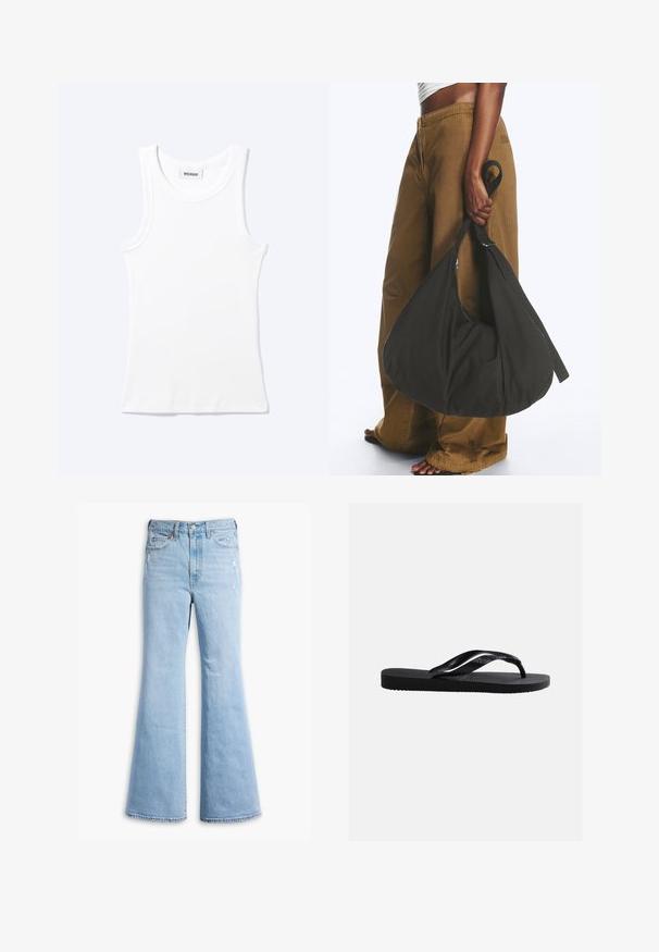 Débardeur blanc côtelé sans manches avec encolure ronde et une petite étiquette indiquant "WEEKDAY" à l'intérieur du col.; Jean flare bleu clair en denim, avec une taille haute, un léger délavage, des détails usés et un design standard à cinq poches.; Sandale tong noire en caoutchouc avec semelle texturée et brides lisses, vue de côté sur un fond gris clair uni.; Personne portant un pantalon marron à jambes larges et un haut blanc tenant un grand sac à main noir souple par sa lanière à côté d'elle.