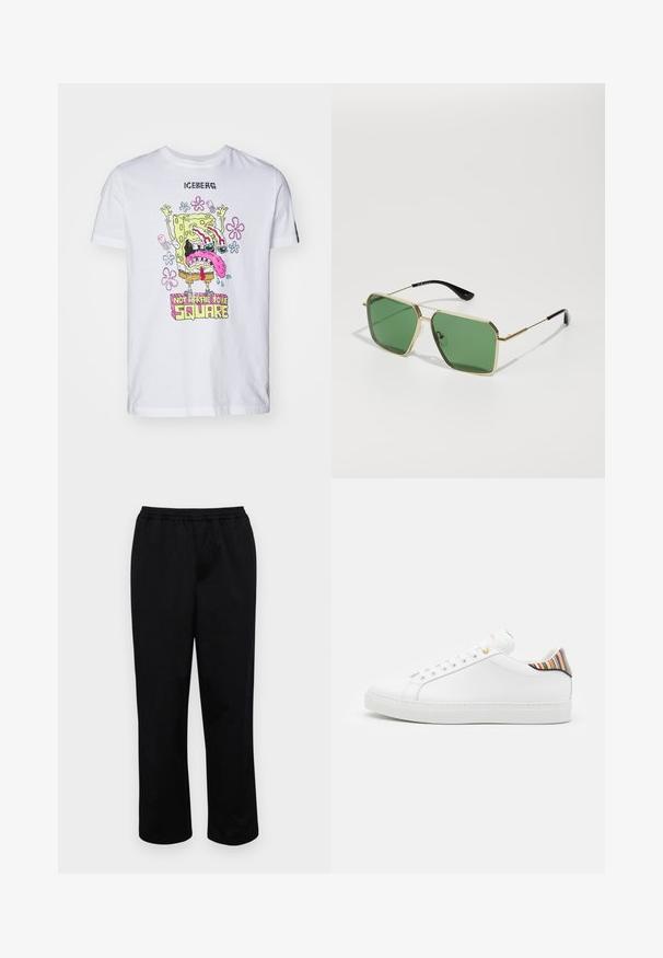 Hvid bomulds t-shirt med et farverigt SpongeBob-tryk og teksten "IKKE BANGE FOR AT VÆRE KVADRATISKE," blomstrede dekorationer og korte ærmer.; Sorte, mellemlange bukser med elastisk talje. Lavet af glat stof, har en afslappet pasform og ingen synlige lommer eller udsmykninger.; Hvide lædersneakers med en glat overflade, prydet med en farverig stribet detalje på hælen, guldøje og flad hvid sål.; Guldfarvede solbriller med grønne linser, geometrisk form og sorte plastik templer. Letvægtskonstruktion med diskrete accenter.