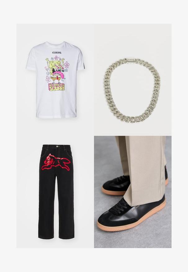 T-shirt en coton blanc avec un graphique coloré de SpongeBob et le texte "PAS PEUR D'ÊTRE CARRE", des accents floraux et des manches courtes.; Jeans en denim noir avec un grand graphique rouge d'un chat sautant sur la poche arrière, accentués par des coutures jaunes contrastées le long des coutures.; Paul Smith COMO - Baskets basses - black; Collier en chaîne argentée composé de maillons texturés avec un fermoir poli. Surface lisse avec une finition réfléchissante, créant un éclat subtil.