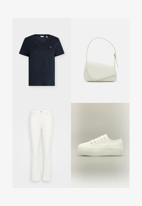 T-shirt bleu marine à manches courtes et col en V avec petit logo brodé sur le côté gauche de la poitrine, design simple, présenté sur un fond uni.; Jean en denim blanc évasés avec une taille mi-haute, fermeture à bouton à l'avant et des détails de couture minimes, offrant une texture lisse.; Baskets à plateforme blanches avec semelle épaisse texturée, lacets à l'avant et détails discrets de couture sur un fond neutre.; Sac à main en cuir synthétique blanc avec une forme triangulaire structurée, une bandoulière unique réglable et un rabat à courbes accentuées.