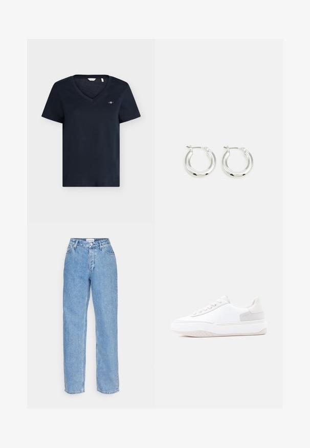T-shirt bleu marine à manches courtes et col en V avec petit logo brodé sur le côté gauche de la poitrine, design simple, présenté sur un fond uni.; Jean en denim bleu clair avec une coupe droite, dotés d'une fermeture à bouton et à glissière, de cinq poches et d'une taille mi-haute.; Baskets blanches avec une tige lisse, des accents gris subtils sur le talon, des lacets plats et une semelle blanche texturée comportant de petites perforations.; Boucles d'oreilles en argent avec une finition polie, présentant une forme circulaire et une fermeture à charnière. Texture lisse avec un minimum de détails.