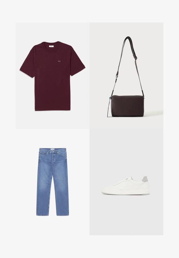 T-shirt en coton bordeaux avec col rond, manches courtes et un petit logo blanc "NN. 07" sur la poitrine. Texture lisse, coupe standard.; WOOD WOOD WW TYPE 2 DENIM STRAIGHT LEG - Jean droit - ocean; Baskets basses blanches avec un onglet de talon gris, des lacets blancs et une semelle texturée, présentées sur un fond uni clair.; Sac bandoulière en cuir marron foncé texturé avec une sangle réglable et un petit accent décoratif bleu sur le côté.