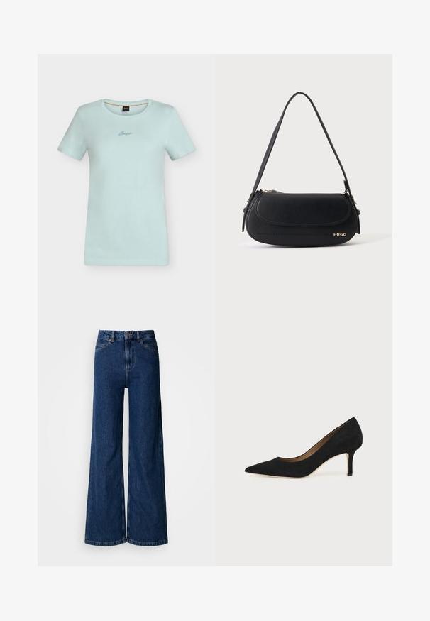 T-shirt bleu clair à manches courtes avec col rond et petit logo en écriture centré sous l'encolure.; Jean large à lavage foncé en denim, doté d'une taille haute, d'un design classique à cinq poches et de détails de couture subtils le long des coutures.; Escarpin en daim noir à bout pointu avec un talon stiletto fin de hauteur moyenne et un design à coupe basse sur un fond uni.; Sac à épaule en cuir noir avec rabat incurvé, logo doré "HUGO" sur le devant, et une bandoulière réglable.