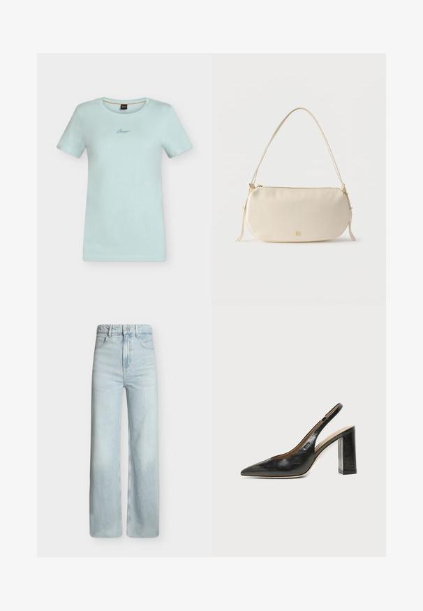 T-shirt bleu clair à manches courtes avec col rond et petit logo en écriture centré sous l'encolure.; Jean bleu clair taille haute à jambes larges avec poches à l'avant, passants de ceinture et fermeture par bouton métallique sur fond uni.; Chaussure slingback en cuir noir à bout pointu avec un talon bloc haut et une doublure intérieure beige sur un fond clair uni.; Petit sac à épaule de couleur crème avec une seule sangle, fermeture éclair et logo de marque doré discret à l'avant.