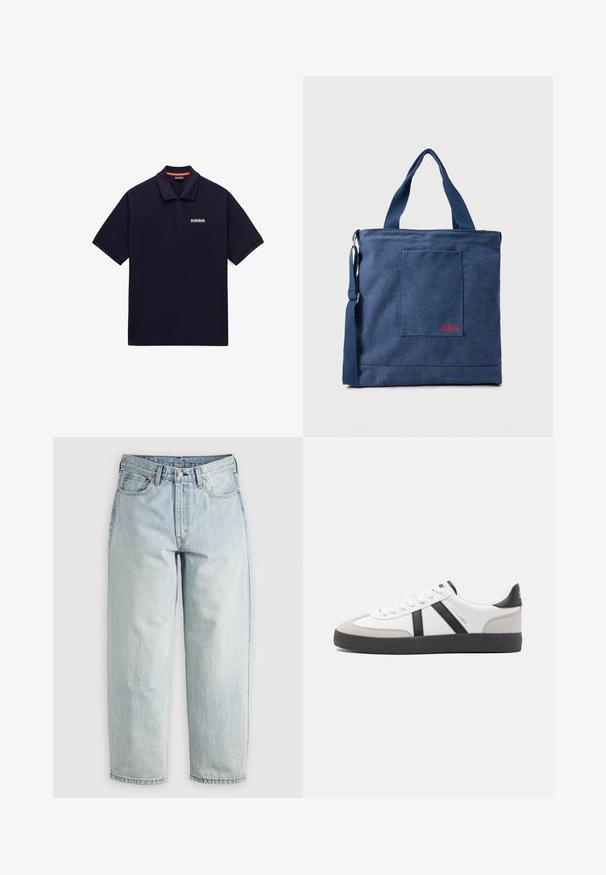 Marineblauw polohemd met korte mouwen, een twee-knopsbies en een klein wit logo op de linkerborst.; Lichtblauwe denim jeans met een rechtBeen, vijf zakken en een knoopsluiting; heeft vervaagde gebieden en subtiele stikdetails.; Witte sneaker met zwarte en grijze accenten, voorzien van een grijze neus met textuur, zwarte rubberen zool en platte witte veters. Schoon ontwerp, minimalistische stijl.; Blauwe canvas tas met voorvak en rode "O.N.S" borduring, voorzien van dubbele handvatten en een verstelbare schouderriem.