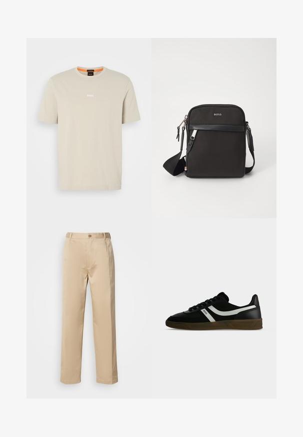 T-shirt beige à manches courtes, coupe décontractée, col rond et petit logo blanc "BOSS" centré sur la poitrine.; Pantalons beiges en tissu léger, avec une coupe droite, une taille avec passants de ceinture et une fermeture à bouton sur le devant.; Baskets basses noires avec semelle marron, bandes blanches sur les côtés, lacets noirs et texte "BOSS" sur le côté, vues de profil extérieur.; Sac bandoulière noir en tissu texturé, avec un logo sur le devant, fermeture éclair et une bandoulière réglable. Finitions en cuir lisse.
