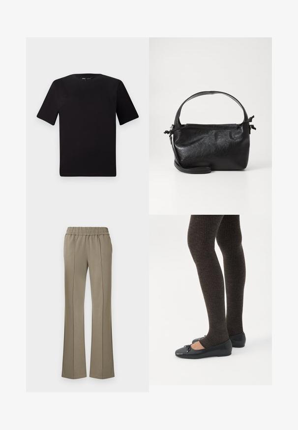 T-shirt noir à manches courtes avec un col rond, fabriqué en coton doux. Design simple, sans logos ni motifs visibles.; Pantalon marron clair extensible avec une taille élastique, doté de coutures à l'avant et de jambes évasées, fabriqué en tissu doux avec une texture lisse.; Jambes portant des leggings côtelés foncés associés à des ballerines noires avec de petits détails en nœud sur fond blanc.; Sac à main en cuir noir au design structuré, avec une poignée arrondie et une bandoulière amovible. Présente une texture lisse et un éclat subtil.