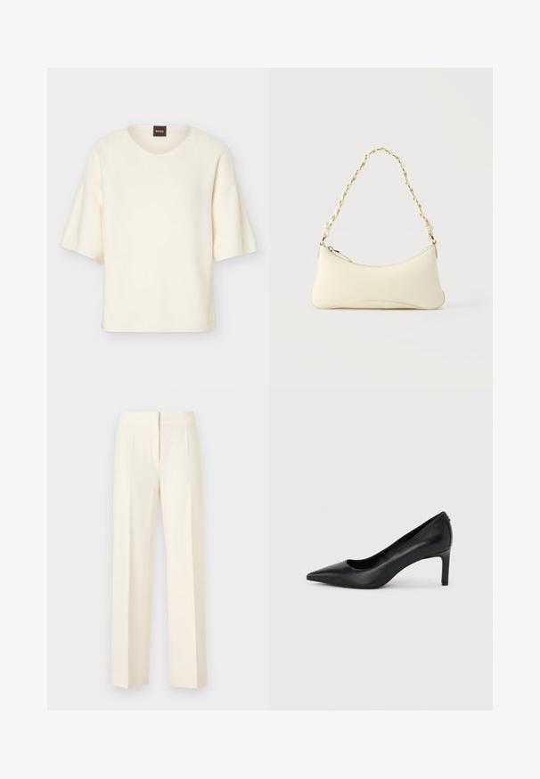 Pull à manches courtes couleur crème avec un col rond et une coupe ample, doté d'une petite étiquette noire avec le texte "BOSS" en orange au niveau du col.; Pantalon droit sur mesure couleur blanc cassé avec pli avant, ceinture et fermeture avant dissimulée sur un fond uni.; Escarpin à bout pointu en cuir noir avec un talon fin de hauteur moyenne sur un fond gris clair uni.; Petit sac à main couleur crème avec une forme incurvée et une poignée en chaîne torsadée ton or, fermeture éclair sur le dessus