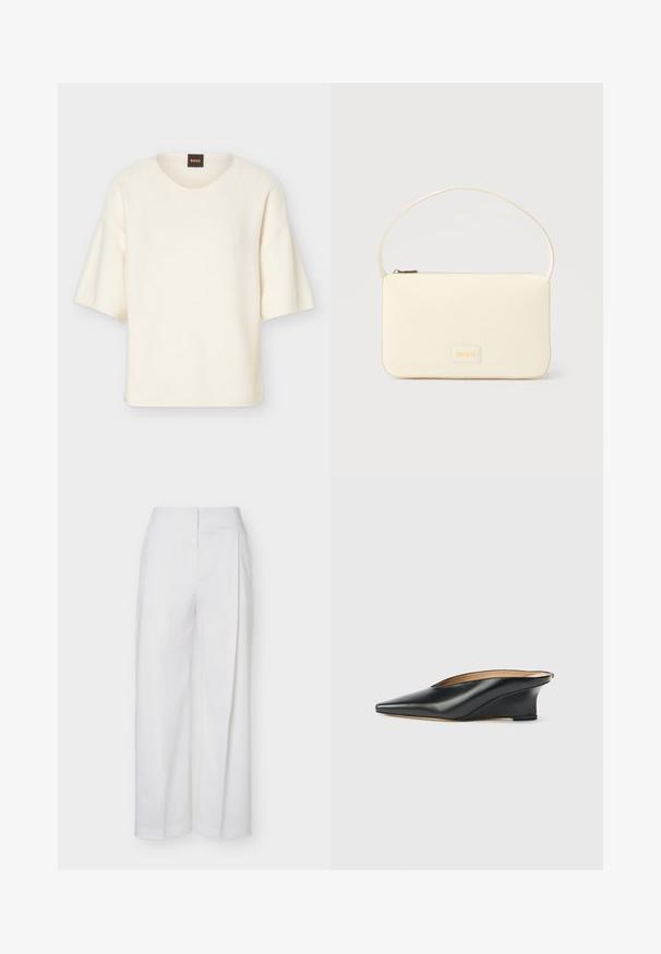 Pull à manches courtes couleur crème avec un col rond et une coupe ample, doté d'une petite étiquette noire avec le texte "BOSS" en orange au niveau du col.; Pantalon blanc taille haute à jambes larges avec des détails de couture devant et une fermeture avant dissimulée, présenté sur un fond uni.; Chaussure compensée en cuir verni noir avec un bout pointu et un dos ouvert, présentant un design élégant et courbé ainsi qu'un style minimaliste.; Sac à main rectangulaire de couleur crème avec une seule sangle et une fermeture éclair sur le dessus, comportant une petite plaque de logo embossé à l'avant.