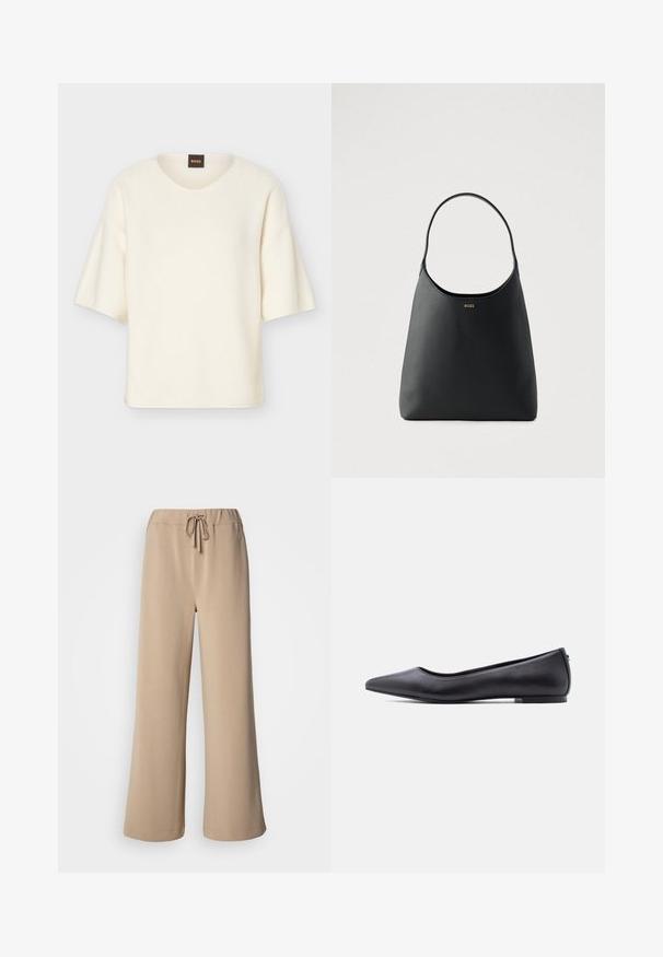 Pull à manches courtes couleur crème avec un col rond et une coupe ample, doté d'une petite étiquette noire avec le texte "BOSS" en orange au niveau du col.; Pantalon beige à jambes larges avec une ceinture élastique et un cordon de serrage. Confectionné dans un tissu doux à la texture lisse, avec un ourlet surpiqué.; Chaussure plate en cuir noire à bout pointu avec petit talon, vue de profil sur fond blanc.; Sac à main en cuir noir avec une seule poignée courbée, texture lisse et un logo discret à l'avant. Design minimaliste et intérieur spacieux.