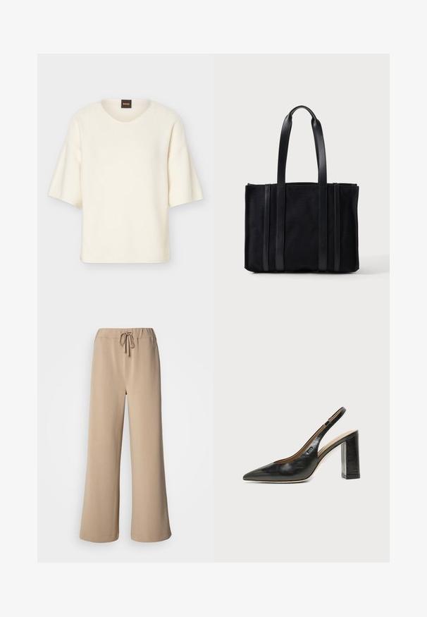Pull à manches courtes couleur crème avec un col rond et une coupe ample, doté d'une petite étiquette noire avec le texte "BOSS" en orange au niveau du col.; Pantalon beige à jambes larges avec une ceinture élastique et un cordon de serrage. Confectionné dans un tissu doux à la texture lisse, avec un ourlet surpiqué.; Chaussure slingback en cuir noir à bout pointu avec un talon bloc haut et une doublure intérieure beige sur un fond clair uni.; Sac cabas rectangulaire noir avec deux longues anses et des accents en cuir verticaux à l'avant, sur un fond clair uni.