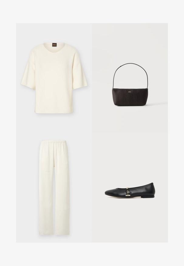 Pull à manches courtes couleur crème avec un col rond et une coupe ample, doté d'une petite étiquette noire avec le texte "BOSS" en orange au niveau du col.; Pantalon droit de couleur crème avec une ceinture élastique, sans poches visibles ni ornements.; Chaussure plate en cuir noir avec bout arrondi et petit détail de boucle dorée sur le côté, présentée sur un fond clair uni.; Sac à main noir tissé texturé avec une seule bandoulière et un petit logo doré "BOSS" au centre devant.