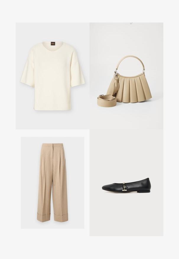 Pull à manches courtes couleur crème avec un col rond et une coupe ample, doté d'une petite étiquette noire avec le texte "BOSS" en orange au niveau du col.; Pantalon beige à jambes larges, taille haute, plis devant et larges revers à l'ourlet, présenté sur fond blanc.; Chaussure plate en cuir noir avec bout arrondi et petit détail de boucle dorée sur le côté, présentée sur un fond clair uni.; Lacoste LENGLEN BAG - Sac à main - viennois