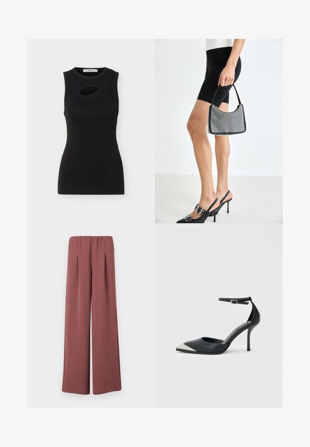 Haut noir sans manches près du corps avec col rond et petite découpe ovale au niveau de la partie supérieure de la poitrine, présenté sur fond blanc uni.; Pantalon à jambes larges en tissu texturé rose poussiéreux avec une taille élastique et des plis à l'avant, présenté sur un fond uni.; Chaussure à talon haut noire à bout pointu avec embout métallique argenté et bride à la cheville avec fermeture à boucle sur fond blanc.; Sac à main à perles noires avec une silhouette courbée, une poignée de transport et une texture brillante. Porté avec des chaussures à talons hauts noires et un short noir ajusté.