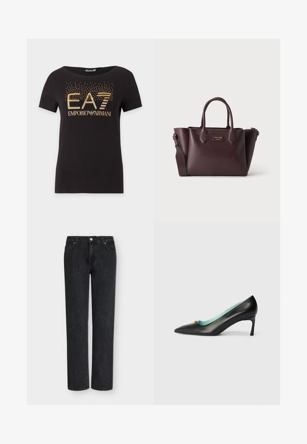 Μαύρο κοντομάνικο T-shirt με χρυσλό λογότυπο EA7 Emporio Armani και διασκορπισμένες μικρές χρυσές κουκκίδες πάνω από το κείμενο μπροστά.; Μαύρο τζιν με ίσιο μπατζάκι, κλασικό σχέδιο με πέντε τσέπες, θηλιές ζώνης και κουμπωτό κλείσιμο, σε φόντο απλό λευκό.; Μαύρο δερμάτινο ψηλοτάκουνο παπούτσι με μυτερή μύτη, ανοιχτό μπλε εσωτερικό και χρυσή λεπτομέρεια στην επάνω πλευρά. Λείος υφής.; Σκούρα καφέ δερμάτινη τσάντα χειρός με δύο επάνω χερούλια, αποσπώμενο ιμάντα ώμου και μικρή ορθογώνια χρυσή πινακίδα με λογότυπο μπροστά.