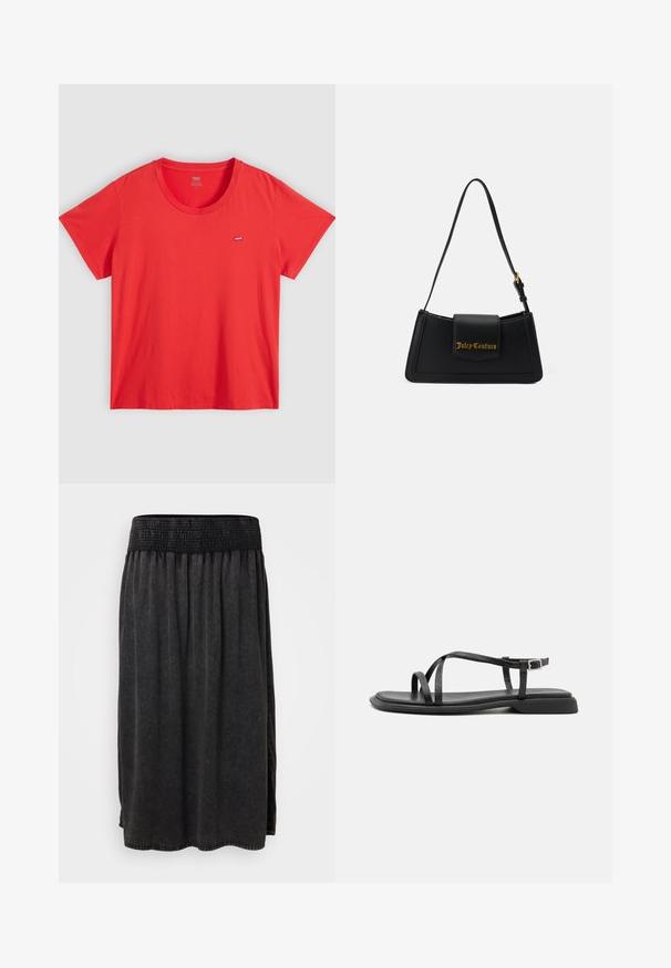 T-shirt en coton rouge avec un col rond, des manches courtes et une petite étiquette logo Levi's sur la poitrine gauche. Texture lisse, coupe décontractée.; Jupe midi noire avec une taille smockée, en tissu doux, et un design fluide. Aucune poche ni ornement visible.; Sandales plates noires avec de fines brides réglables, un entre-doigt rectangulaire et une finition mate texturée. Elles présentent un talon bas légèrement carré.; Sac à main en imitation cuir noir, de forme rectangulaire, avec un logo doré et une seule sangle ajustable. Il présente une fermeture à rabat et un design épuré.
