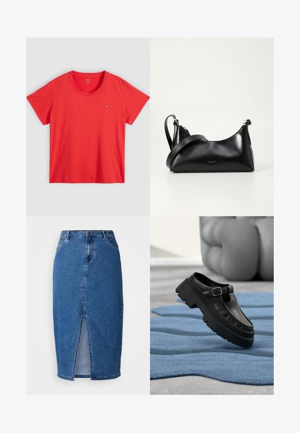 Rode katoenen T-shirt met een ronde hals, korte mouwen en een klein Levi's logo op de linkerborst. Soepele textuur, ontspannen pasvorm.; Denimrok in medium blauw met een voorste split, hoge taille, vijf zakken en ceintuurlussen. De stof heeft een gestructureerde afwerking.; Zwarte leren loafer met dikke grof profielzool en zilveren gesp, schuin geplaatst op een gestructureerd blauw vloerkleed.; Zwarte leren handtas met een gladde textuur. Beschikt over een verstelbare schouderband en een strak, minimalistisch ontwerp met een ritssluiting.