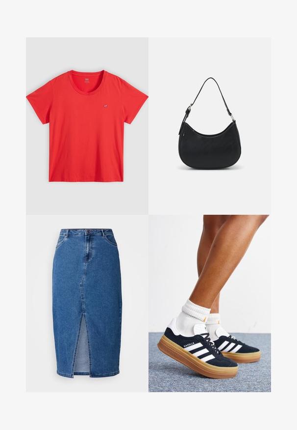 Rode katoenen T-shirt met een ronde hals, korte mouwen en een klein Levi's logo op de linkerborst. Soepele textuur, ontspannen pasvorm.; Denimrok in medium blauw met een voorste split, hoge taille, vijf zakken en ceintuurlussen. De stof heeft een gestructureerde afwerking.; Ben met witte sokken en zwarte Adidas Gazelle sneakers met witte strepen en dikke bruine zolen op een grijs tapijt.; Zwarte hobo tas van soepel leer met een gebogen silhouet, voorzien van een enkele verstelbare schouderriem en minimalistische ontwerpdetails.