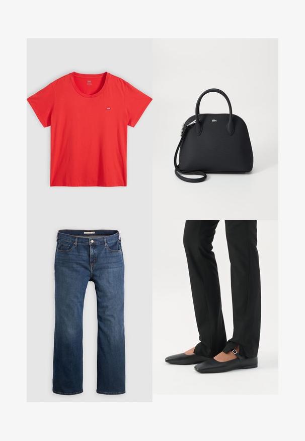 T-shirt en coton rouge avec un col rond, des manches courtes et une petite étiquette logo Levi's sur la poitrine gauche. Texture lisse, coupe décontractée.; Jean en denim bleu foncé avec une coupe droite, comprenant cinq poches, une fermeture à bouton et des détails de couture subtils le long des coutures.; Jambes vêtues d’un pantalon slim noir avec des fentes à l’avant de l’ourlet, assorties à des chaussures plates Mary Jane noires avec une petite bride à boucle.; Sac à main noir en matériau texturé, doté de deux poignées supérieures et d'une bandoulière amovible, avec un accent logo en argent.